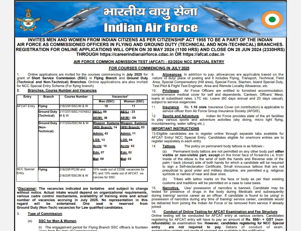Indian Air Force Vacancy 2024 भारतीय एअरफोर्स भरती अधिकृत जाहिरात पहा